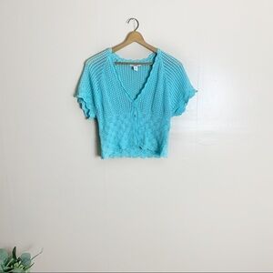 [Dress Barn] Blue Knit Short Sleeve V-neck Semi Cropped Cottagecore Sweater